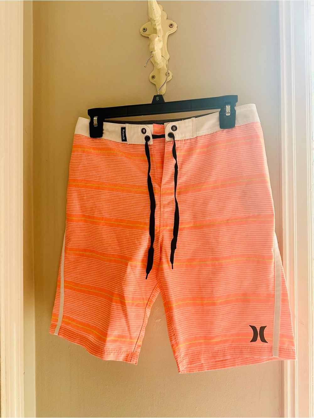 Hurley Men’s Coral Orange and White Striped Swim Trunks